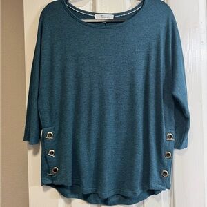 $5 SALE 89th & Madison teal sweater. Embellishment on the sides. 3/4 sleeves.